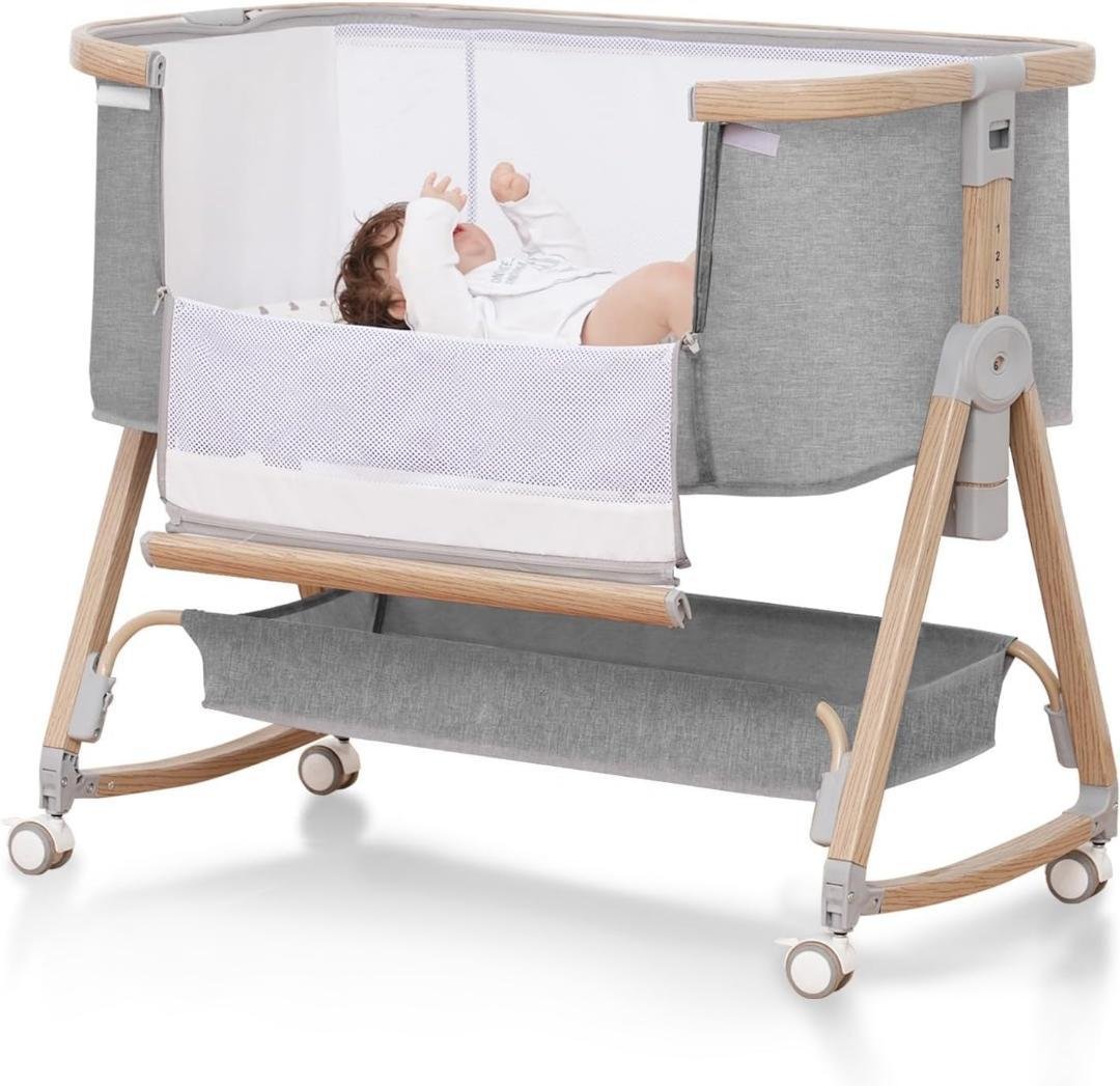 ベビーベッド 添い寝ベッド 浅い木色 乳児用ベッド 多機能 高さ6段階調節可能