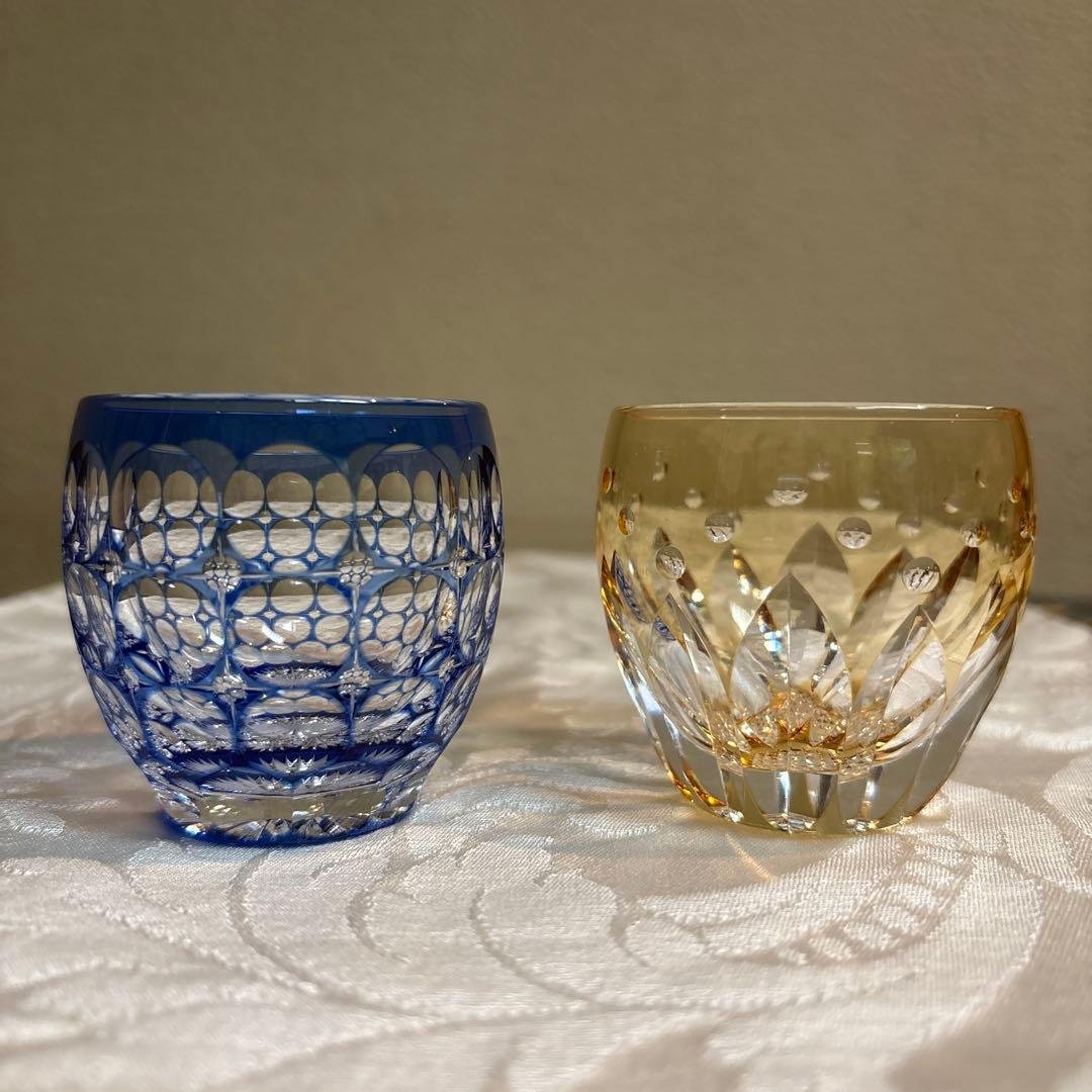 江戸切子　カガミクリスタル　冷酒杯　「紫陽花」「向日葵」 鍋谷聡作　伝統工芸品