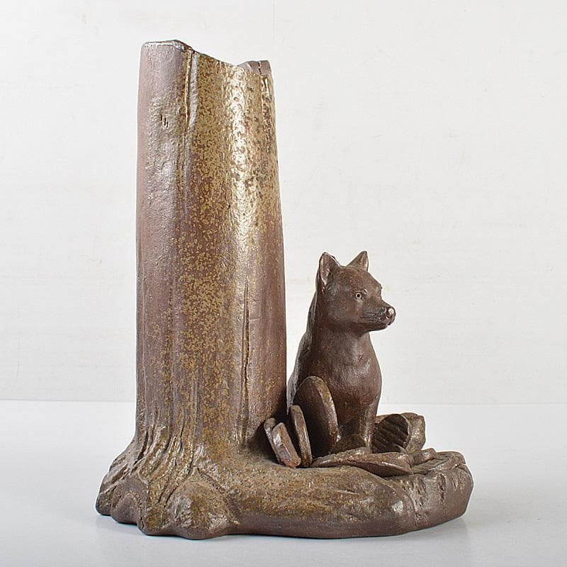 備前焼　人間国宝　金重陶陽作　犬飾り壺　花瓶　追悼30周年展冊子付　MR7258