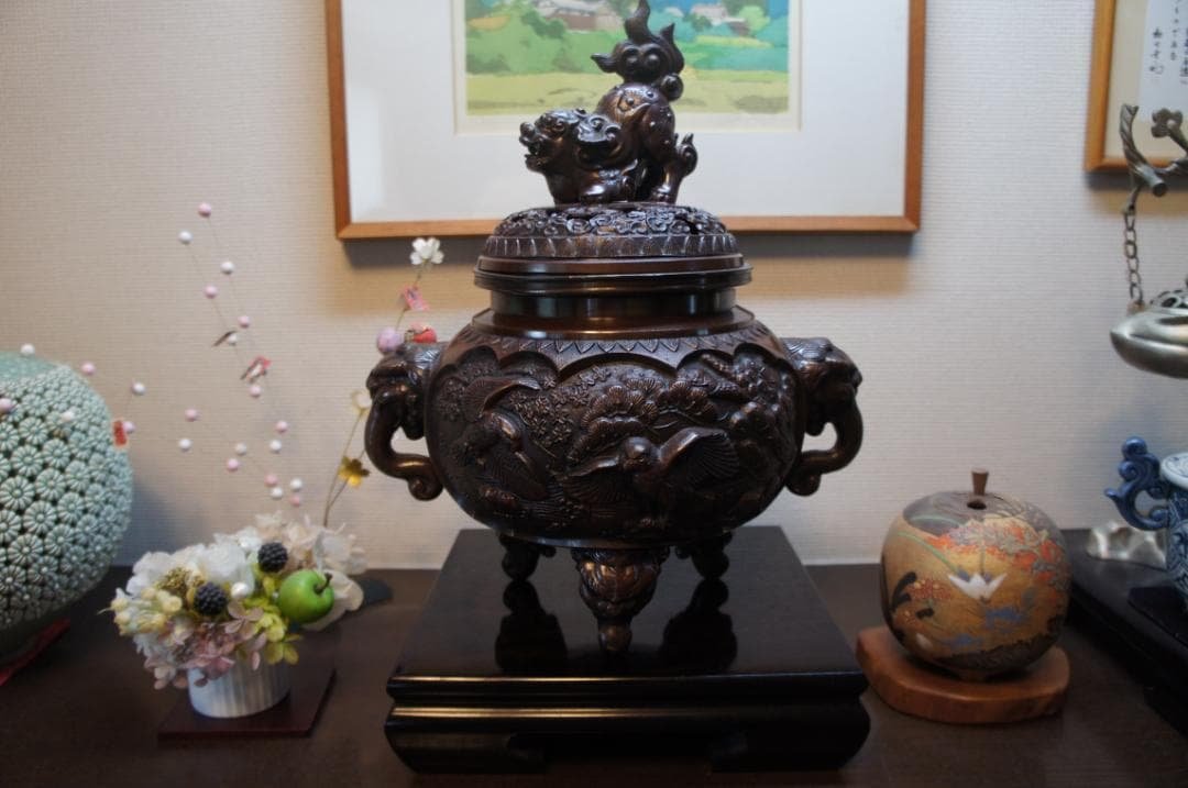 専用★美品 高岡銅器 瑞峰作 新特大 花鳥 高級銅製香炉工芸作家造 送料込み