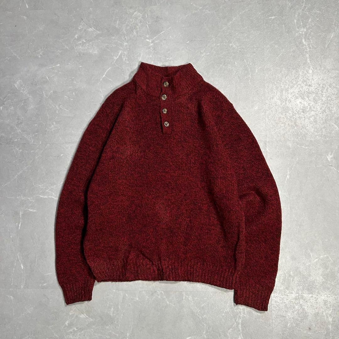 90s L.L.Bean ハーフスナップ ラムウール100 ニット レッド 古着