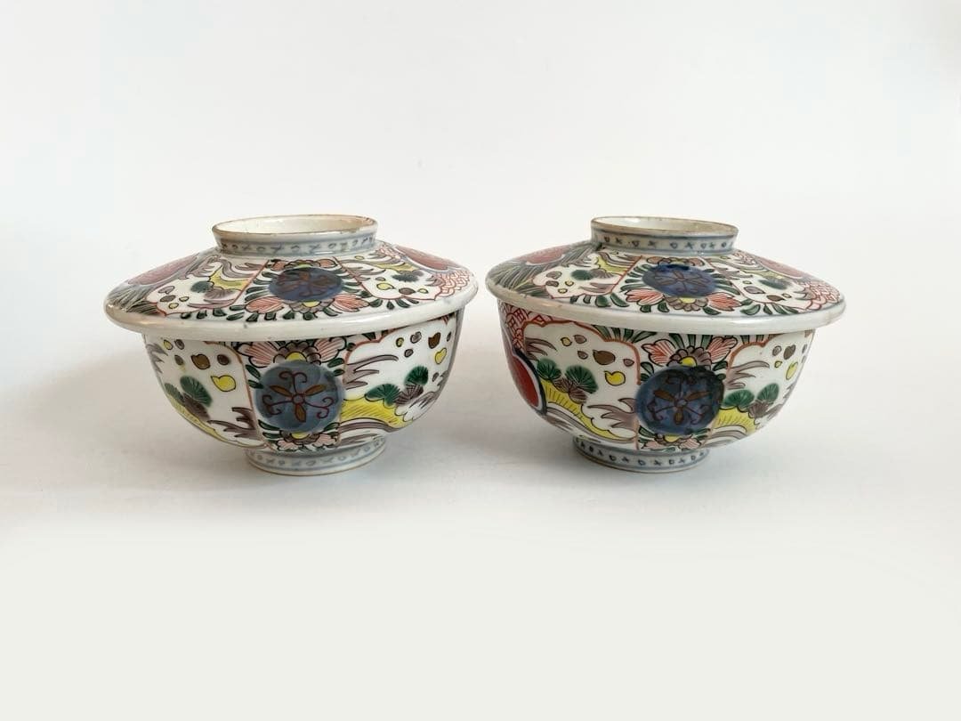 骨董　アンティーク　古伊万里　色絵　蓋付碗　煮物碗　飯碗　蓋茶碗　二客