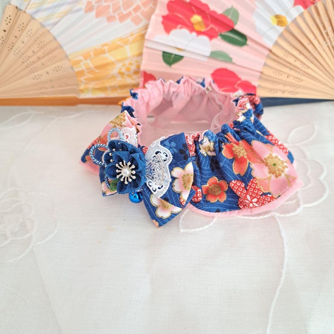 つまみ細工幅広シュシュ(青)わんちゃん猫ちゃん用
