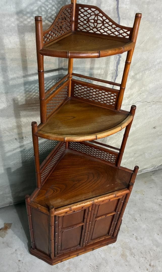 【極美品】高級唐木家具 欅（ケヤキ）コーナーラック 竹節彫り 透かし彫り 飾り棚