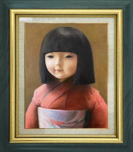 ❤️新作 油絵菅家令子絵画インテリア額(青緑＋金色枠)F6-010226市松人形